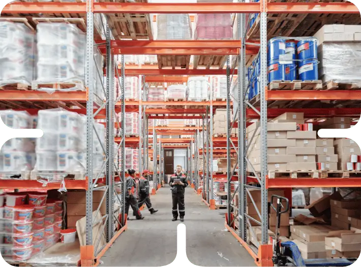 Warehouse with shelves and workers